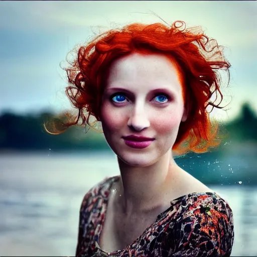 Prompt: Fine art photo of the most beautiful woman, she is redhead, she is posing while maintain a sweet eye contact to the camera, she has a crown of flowers, she has perfect white teeths, she is walking on a river, she is getting ulluminated by the rays of the sunset, the photo was taking by Annie Leibovitz, Ellie Victoria Gale, Steve McCurry, matte painting, oil painting, naturalism, 4k, 8k