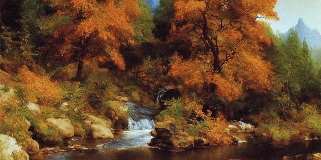 Image similar to single maple tree growing in grand cayon, stream, thomas moran, oil painting, highly detailed, masterpiece