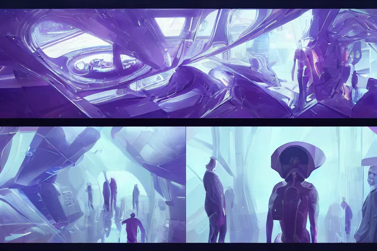 Prompt: Exhibiton with guests and digital terminals from an artificial intelligence with several geometric shapes with white and purple contours. digital rational painting art by Greg Rutkowski, sci-fi highly detailed, digital concept art, Dimensional cyan gold natural light, sharp focus, Golden Ratio illustration, realistic concept art by Stephen Hickman and James Gurney and Hiromasa Ogura Ghost in the Shell rendered in Octane Render, From the distance