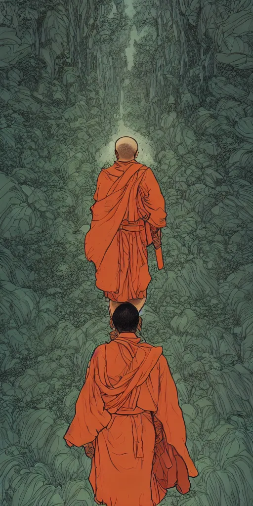 Image similar to portrait of the back of a monk, standing, Borderlands and by Feng Zhu and Loish and Laurie Greasley, Victo Ngai, Andreas Rocha, John Harris