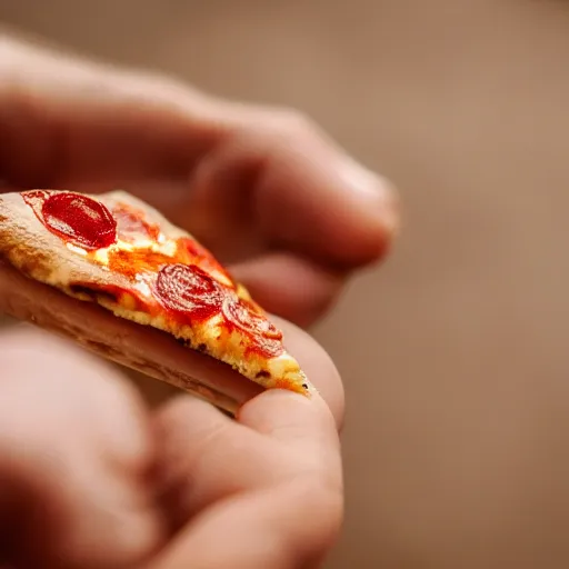 Image similar to a tiny pizza in the palm of somebody's hand, extreme close up, macro lens