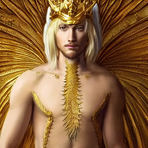 Image similar to Perfectly-centered portrait-photograph of a real life golden white king dragon from heaven, lifelike, super highly detailed, professional digital painting, artstation, concept art, Unreal Engine 5, Photorealism, HD quality, 8k resolution, cinema 4d, 3D, beautiful, cinematic, art by artgerm and greg rutkowski and alphonse mucha and loish and WLOP