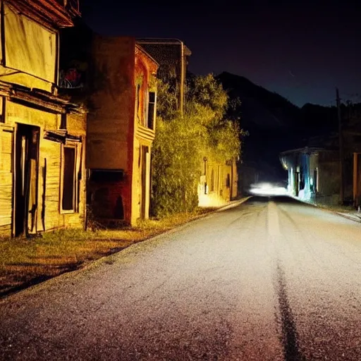 Image similar to car driving around ghost town, dreamy, night, darkness