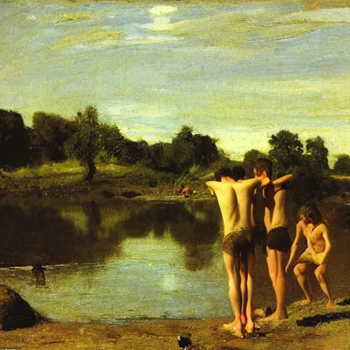 Image similar to oil painting by thomas eakins depicting a group of young men bathing at a swimming hole in rural england, 1 8 6 2, golden hour