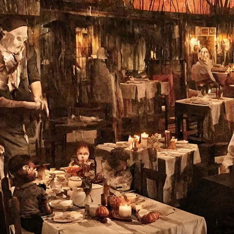 Prompt: A still from a TV ad for an extremely spooky haunted family dining restaurant