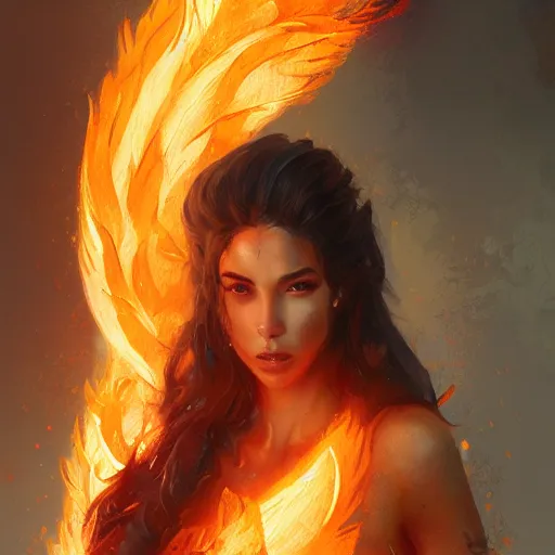 Image similar to a beautiful portrait of a fire goddess, flaming background, a detailed painting by greg rutkowski and raymond swanland, featured on cgsociety, fantasy art, detailed painting, artstation hd, photorealistic