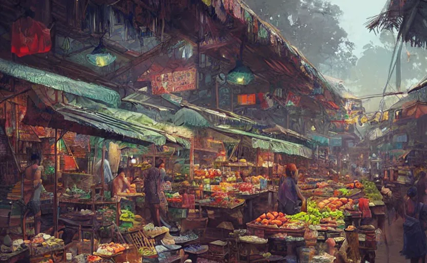 Image similar to a beautiful painting of a jungle market, Greg Rutkowski, digital art