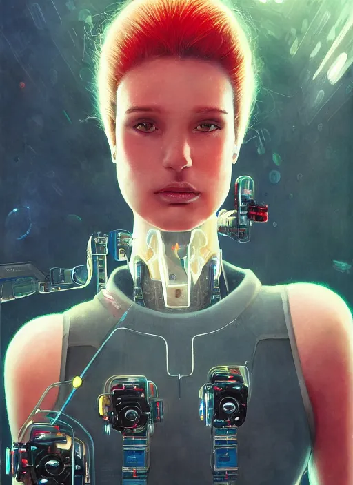 Image similar to symmetry!!! closeup portrait of a cyborg vape girl, fashion mechanic jumpsuit with shiny shoulder pads, cinematic light, windy, red green, volumetric smoke, mist, by gerald brom, by mikhail vrubel, by peter elson, muted colors, extreme detail, trending on artstation, 8 k