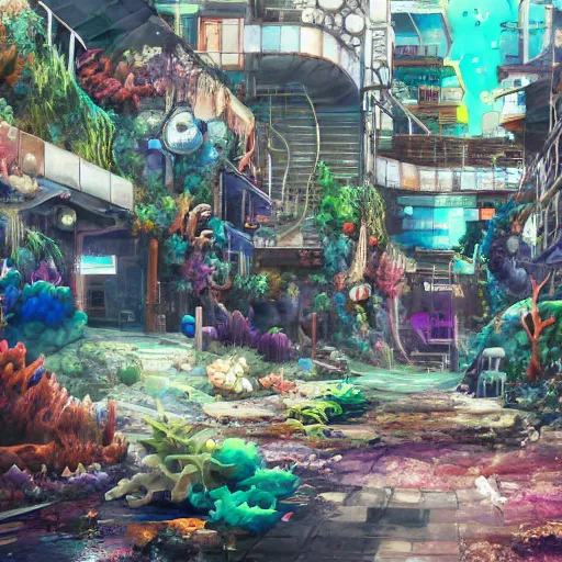 Image similar to painted anime background of an underwater slums shopping district built from various coral seashells and being reclaimed by nature, seaweed, light diffraction, litter, steampunk, cyberpunk, caustics, anime, vhs distortion, inspired by splatoon by nintendo, art created by miyazaki