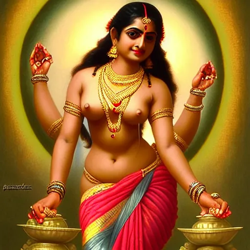 Image similar to seductive lakshmi, laxmi Indian Goddess in a sensual pose, sci-fi, fantasy, intricate, beautiful, elegant, attractive, indian goddess of wealth, highly detailed, digital painting, artstation, masterpiece, concept art, smooth, sharp focus, art by artgerm, hajime sorayama, William-Adolphe Bouguereau and greg rutkowski