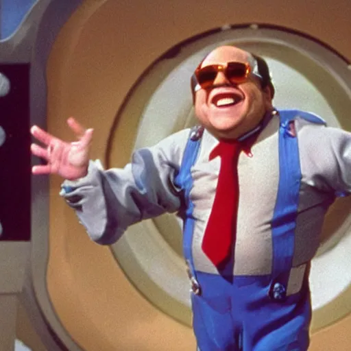 Image similar to A Picture of Danny Devito playing Spacely Sprocket in a live action movie of The Jetsons. Photography