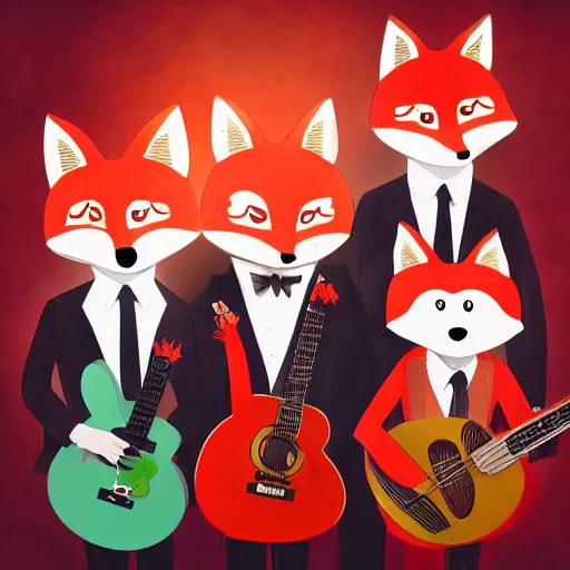 Image similar to music album cover, with anthropomorphic foxes animals dressed in suits, holding guitars, on a beach, all looking at camera, studio lighting, 8 5 mm f / 1. 4