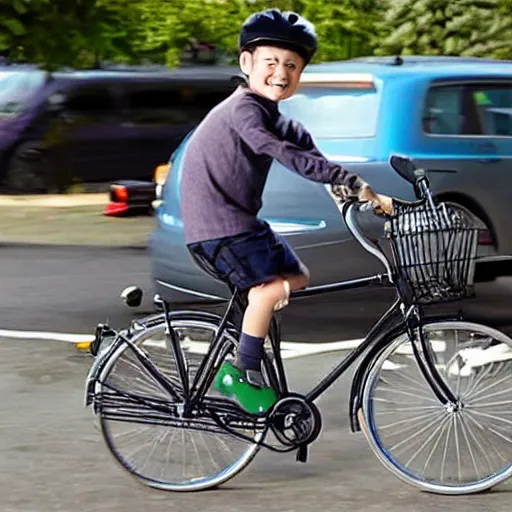Prompt: a boy on a bike delivering volkswagens,