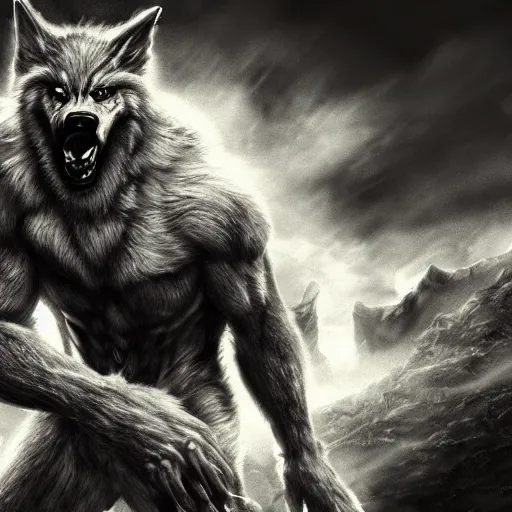 Image similar to werewolf, dramatic pose, photorealistic uhd 8 k, award - winning videogame promotional art