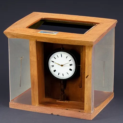 Prompt: The Jacob Riis Clock hiding a buried small cubed plexiglass box with a ceramic box inside