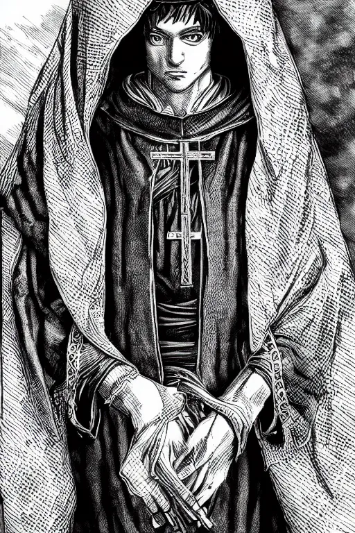 Prompt: portrait of Daniel Trejo in costume of church nun, intricate, highly detailed, artstation, manga illustration by Kentaro Miura