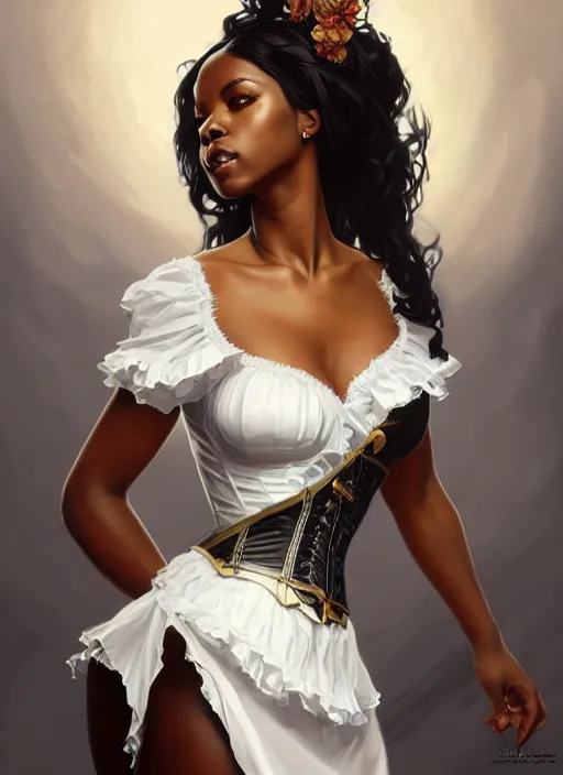 Image similar to cute black woman wearing a white corset dress, fantasy, intricate, highly detailed, digital painting, artstation, concept art, wallpaper, smooth, sharp focus, illustration, art by artgerm and greg rutkowski and alphonse mucha