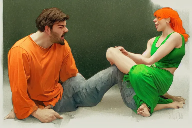 Prompt: portrait of a man in orange t - shirt wrestling with a girl in green dress, highly detailed, digital painting, artstation, concept art, smooth, sharp focus, illustration, art by artgerm and greg rutkowski and alphonse mucha