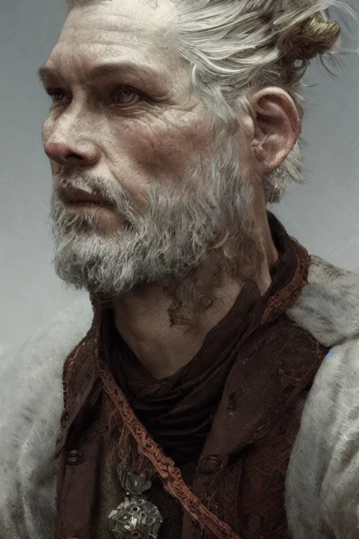 Image similar to A full portrait of an ancient nordic villager, intricate, elegant, highly detailed, digital painting, artstation, concept art, smooth, sharp focus, illustration, art by Krenz Cushart and Artem Demura and alphonse mucha