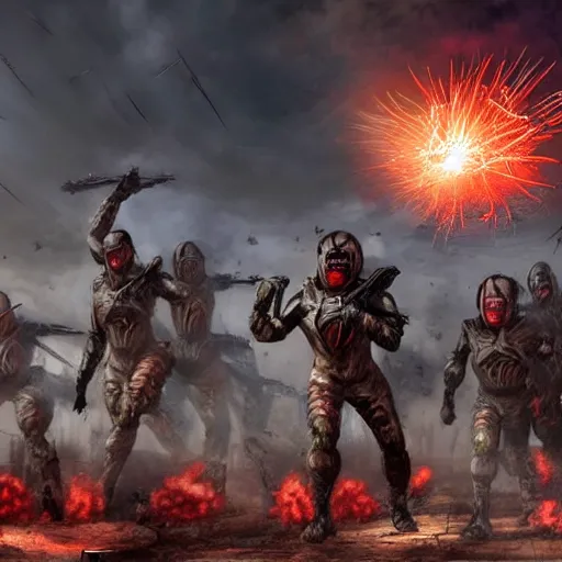 Prompt: science - fiction futuristic apocalyptic war scene with explosions, soldiers firing, iron maiden style