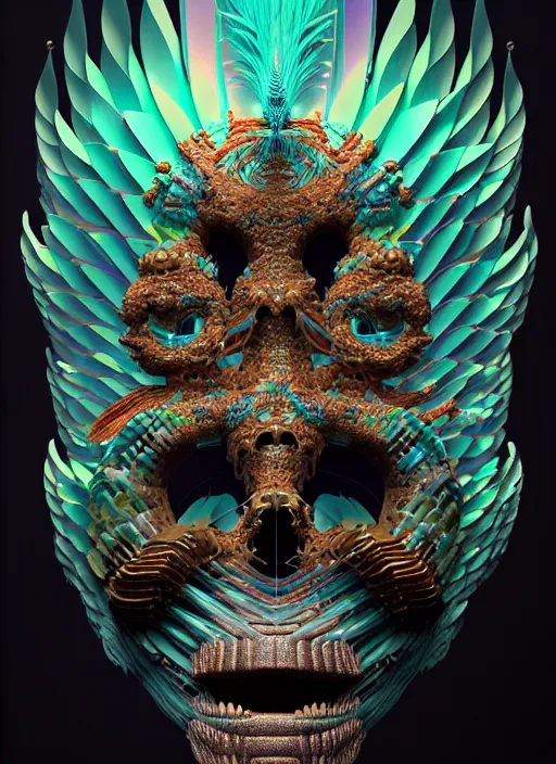 Prompt: 3 d goddess profile portrait, sigma 5 0 0 mm f / 5. beautiful intricate highly detailed quetzalcoatl skull and feathers. bioluminescent, plasma, lava, ice, water, wind, creature, thunderstorm! artwork by tooth wu and wlop and beeple and greg rutkowski, 8 k trending on artstation,