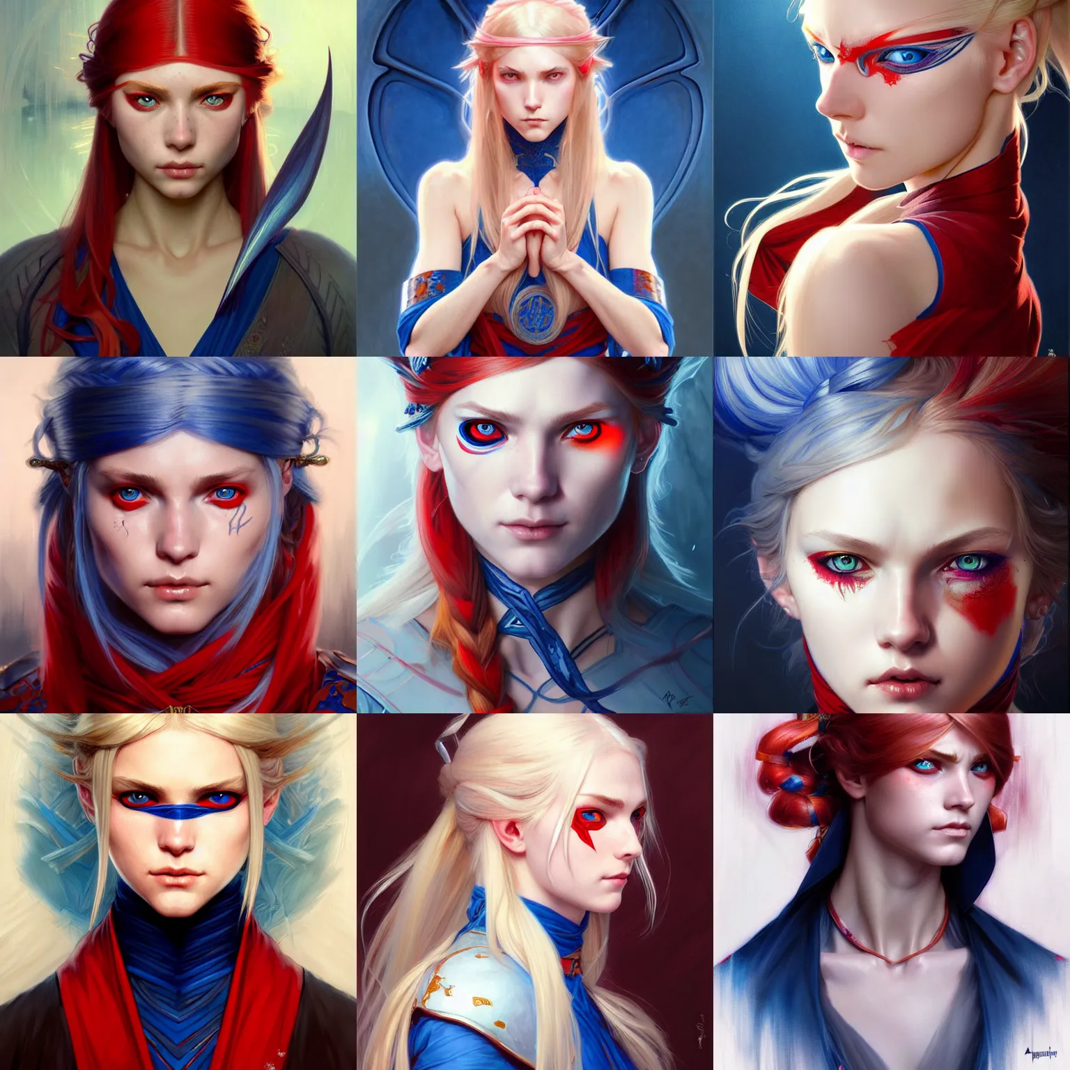 Prompt: portrait of the young ninja blondie girl with heterochromia, d & d, blue and red eyes, face, fantasy, intricate, elegant, highly detailed, digital painting, artstation, concept art, smooth, sharp focus, illustration, art by artgerm and greg rutkowski and alphonse mucha