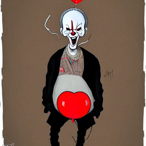 Image similar to grunge cartoon painting of kanye with a wide smile and a red balloon by chris leib, loony toons style, pennywise style, corpse bride style, horror theme, detailed, elegant, intricate