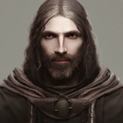 Image similar to a highly detailed portrait of a man without a beard, purple eyes, light gray long hair, wearing a black cloak, artstation, DeviantArt, professional, octane render