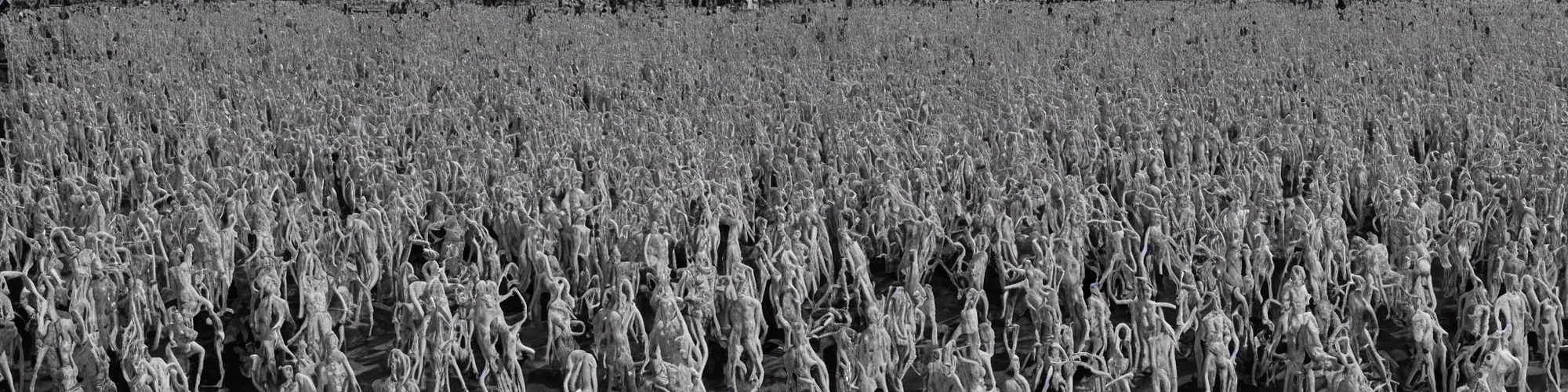 Prompt: hundreds of humans. A sea of humans. interconnected flesh. Crowdcrush. Many humans intertwined and woven together. Bodies and forms amesh. Extremely unsettling artwork. Sculpture by Alberto Giacometti.