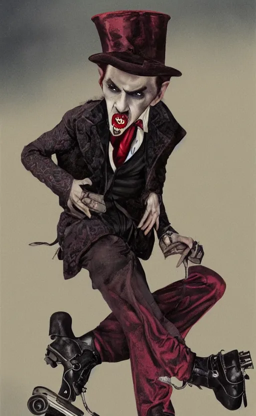 Prompt: attractive male dracula the vampire wearing roller skates. highly detailed, full body portrait, intricate, hyper - realism, detailed face, hyperrealistic, craig mullins, j. c. leyendecker, mattias adolfsson, karel thole, 8 k