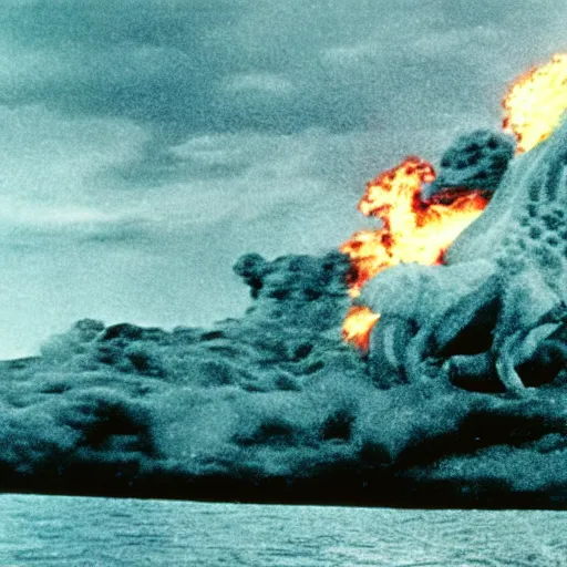 Image similar to wide scenic shot from the David Lynch production of Godzilla vs mechakraken, depicting several kaiju fighting. Cinematic, VHS copy, film grain, 35mm film.