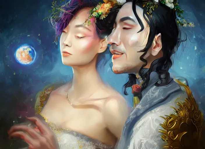 Prompt: a cinematic portrait of wedding photograph jpeg close up moment of a divine a japan sun god and moon goddess lovers magician at a wedding banquet. portraiture. digital painting. artstation. concept art. wedding photo. digital painting. iolet evergarden art masterpiece by art by krenz cushart