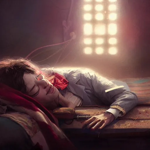 Image similar to an award winning commission of a doctor sleeping in a circus,digital art,detailed face,hyperdetailed,character design by charles bowater,greg rutkowski,artstation,deviantart,photorealistic