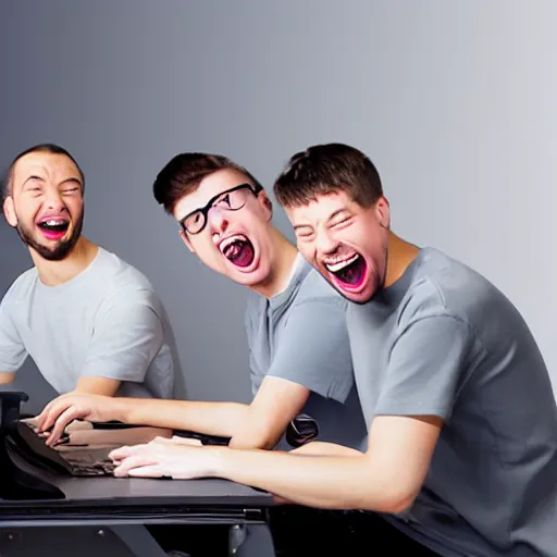 Image similar to several guys typing on keyboard while laughing very hard, mouth wide open tsticking tongues out, studio light, grey background, centered, photorealsitic