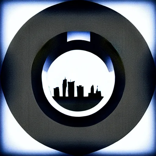 Image similar to a perfect circle, around the outer edge of the circle is the silhouette of a city skyline, inside the circle is empty, black and white, minimalist, in the style of a line drawing