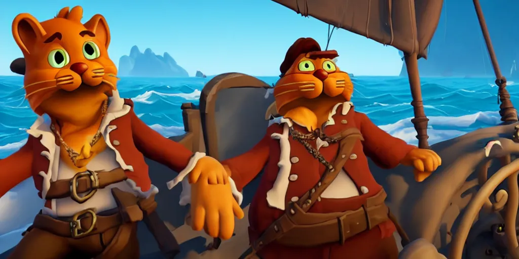 Image similar to selfie of garfield as a sea of thieves character, sea of thieves screenshot, storm, unreal engine, digital art