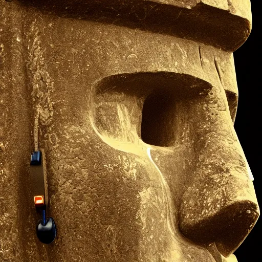 Image similar to a high detail photo of a moai wearing headphones, subject: moai, subject detail: wearing headphones