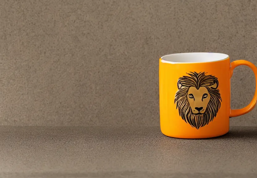 Image similar to a product photography photo of a glossy porcelain mug that looks like the head of a lion, centered in frame. The mug is glazed in shades of ochre yellow and orange, studio lighting, on a cement table