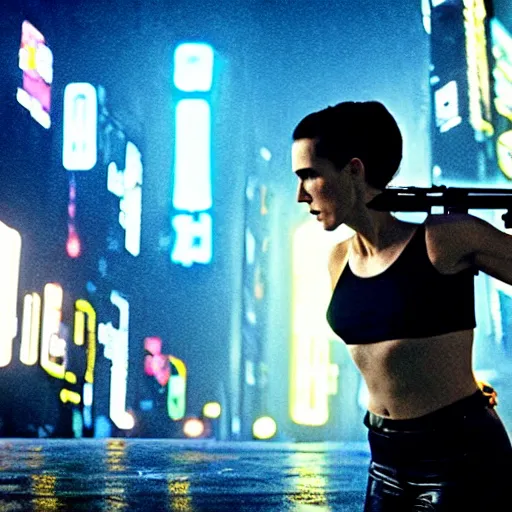 Image similar to jennifer connelly starring in a cyberpunk movie in a distopic futuristic city in the style of bladerunner, wearing a cropped black tank top, black shorts and black boots, firing a gun, muzzle flash, movie still, highly detailed, rainy night, volumetric lights, dramatic, scifi, sharp focus