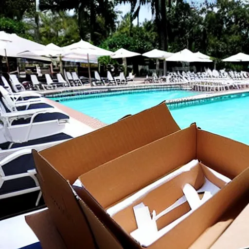 Prompt: “ papers in cardboard boxes by the pool at florida country club, ap, news photo ”