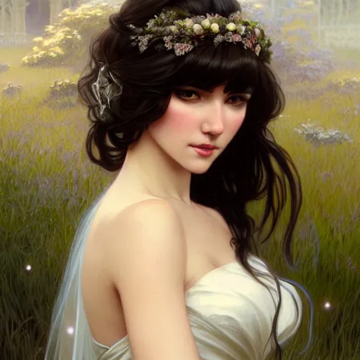 Image similar to a beautiful girl with dark hair and bangs, wearing a wedding dress, royal gardens background, fantasy, intricate, elegant, highly detailed, digital painting, artstation, concept art, matte, sharp focus, illustration, art by Artgerm and Greg Rutkowski and Alphonse Mucha