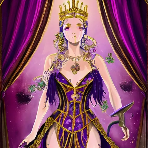 Prompt: an extremely detailed tarot card of an unbelievably beautiful queen of the moon with long black hair and purple eyes, long red strapless floor length dress, shinny deep blue high heels, ostentatious and extravagant masquerade ball, neoclassical architecture, 4 k, artstation, detailed, realistic, in a baroque luminst anime style