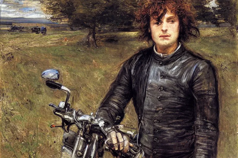 Image similar to sad portrait of a biker on the freeway by sir john everett millais, photorealistic, hyperdetailed, ethereal, masterpiece, oil painting