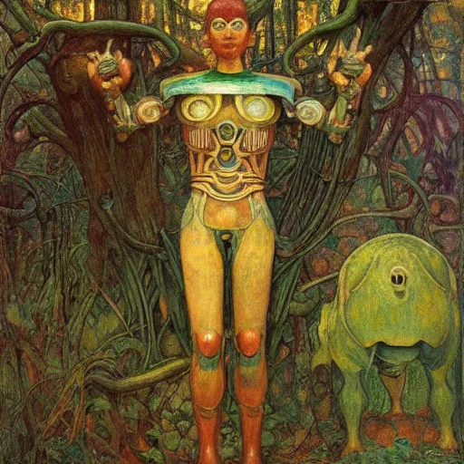 Image similar to robot seizes his forest crown, by Annie Swynnerton and Diego Rivera and Elihu Vedder, symbolist, dramatic lighting, elaborate geometric ornament, Art Brut, soft cool colors,smooth, sharp focus, extremely detailed, Adolf Wölfli and Donato Giancola