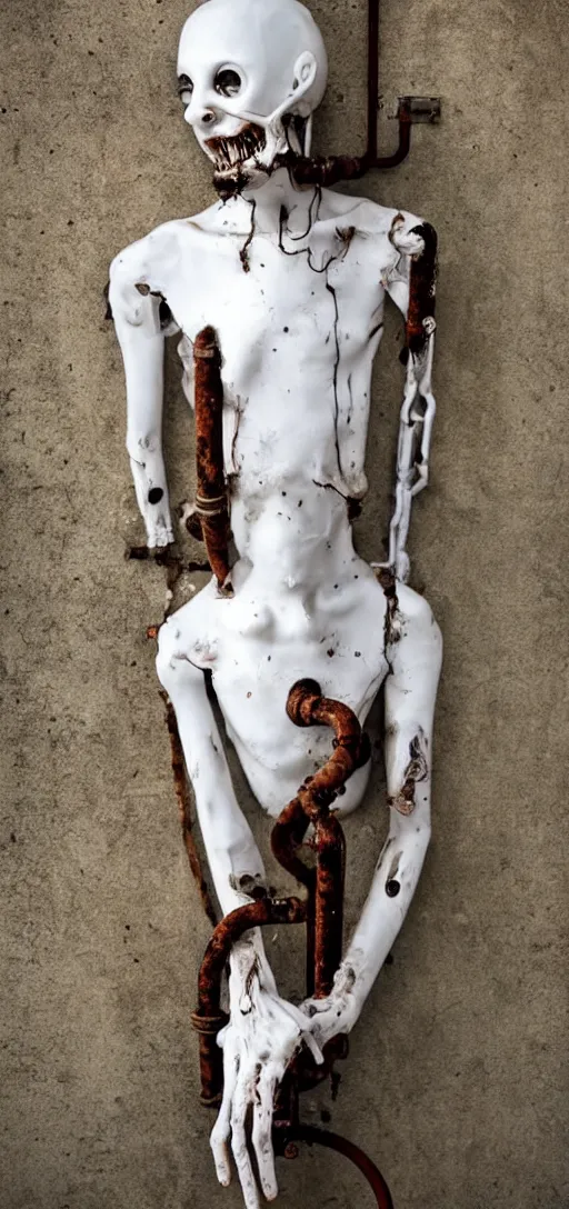 Image similar to creepy white mannequin with black tendrils and rusty pipes, body horror, face, human body, human face, scary, horror, dark, industrial,