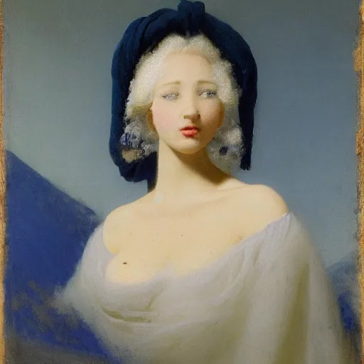 Image similar to a young woman’s face, her hair is white and she wears a cobalt blue cloak, by ivan aivazovsky and pieter claesz and paul delaroche and alma tadema and august malmstrom and and willen claesz heda and aelbert cuyp and gerard ter borch, contrapposto, hyperrealistic, volumetric light, rendered in octane, c4d