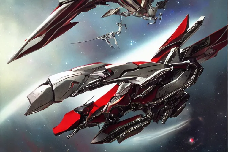 Prompt: gnostic space nebula framing a pteranodon mecha interceptor, small against the backdrop of space, white john berkey armor panels, wine-red and grey trim, robotech styling, with white Kanji markings outlined in black, boeing concept art painting, cinematic lighting, amazing lifelike cinematic photo render, brightly lit