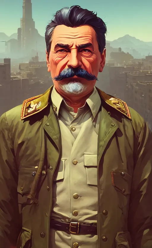 Image similar to highly detailed portrait of stalin in gta v, stephen bliss, unreal engine, fantasy art by greg rutkowski, loish, rhads, ferdinand knab, makoto shinkai and lois van baarle, ilya kuvshinov, rossdraws, tom bagshaw, global illumination, radiant light, detailed and intricate environment