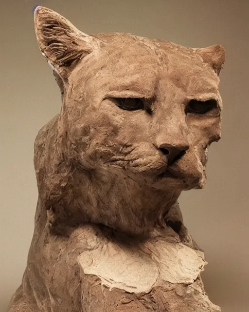 Prompt: a history textbook page with a picture of 'clay sculpture of a giant cougar', clay sculpture, photograph, zoomed out, trending on tumblr, textbook page