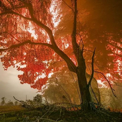 Image similar to leaves blow in the wind. a red glow rises from some ruins nearby.